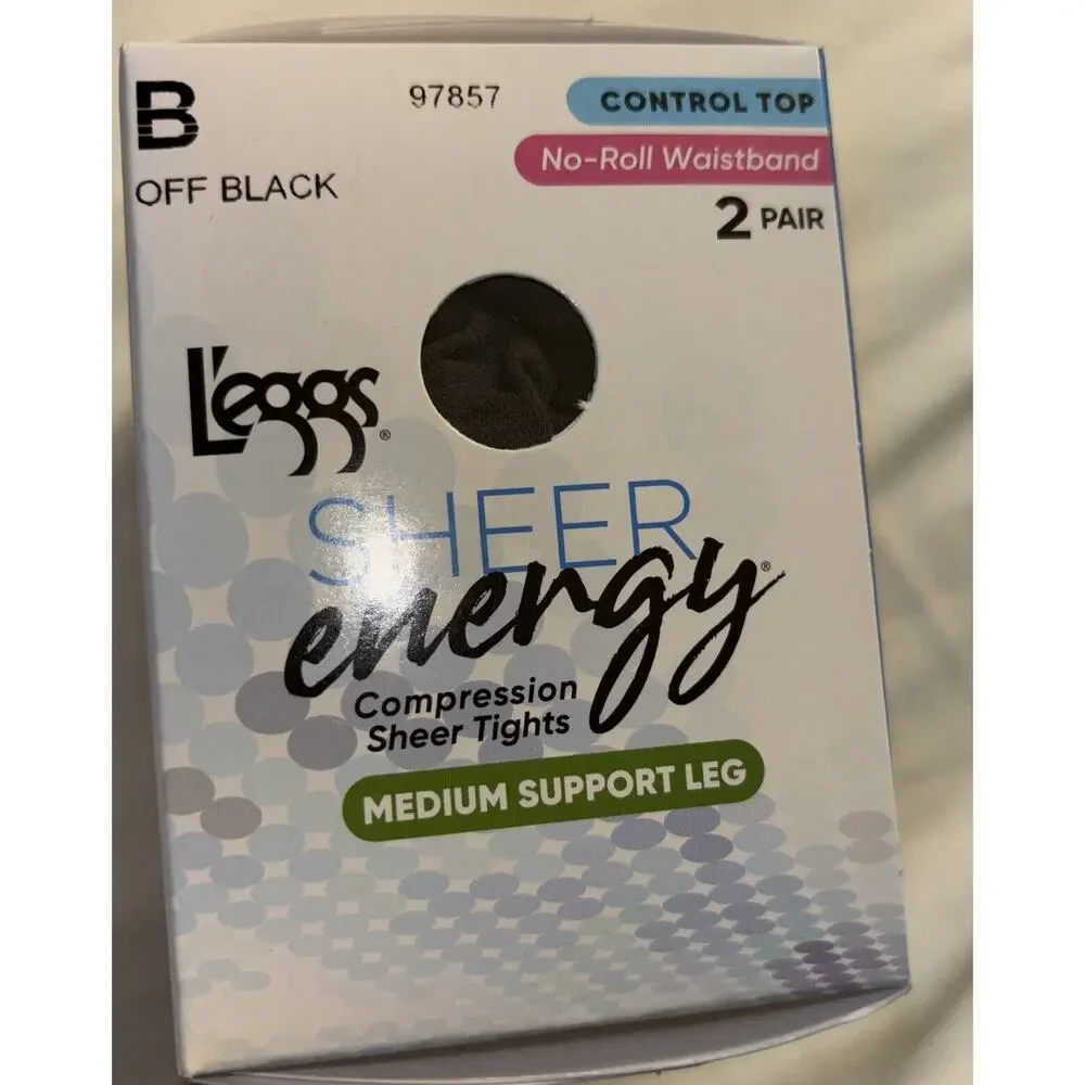 L'EGGS 2 PAIR SHEER ENERGY CONTROL TOP NO ROLL TIGHTS-SHEER TOE-B-OFF BLACK